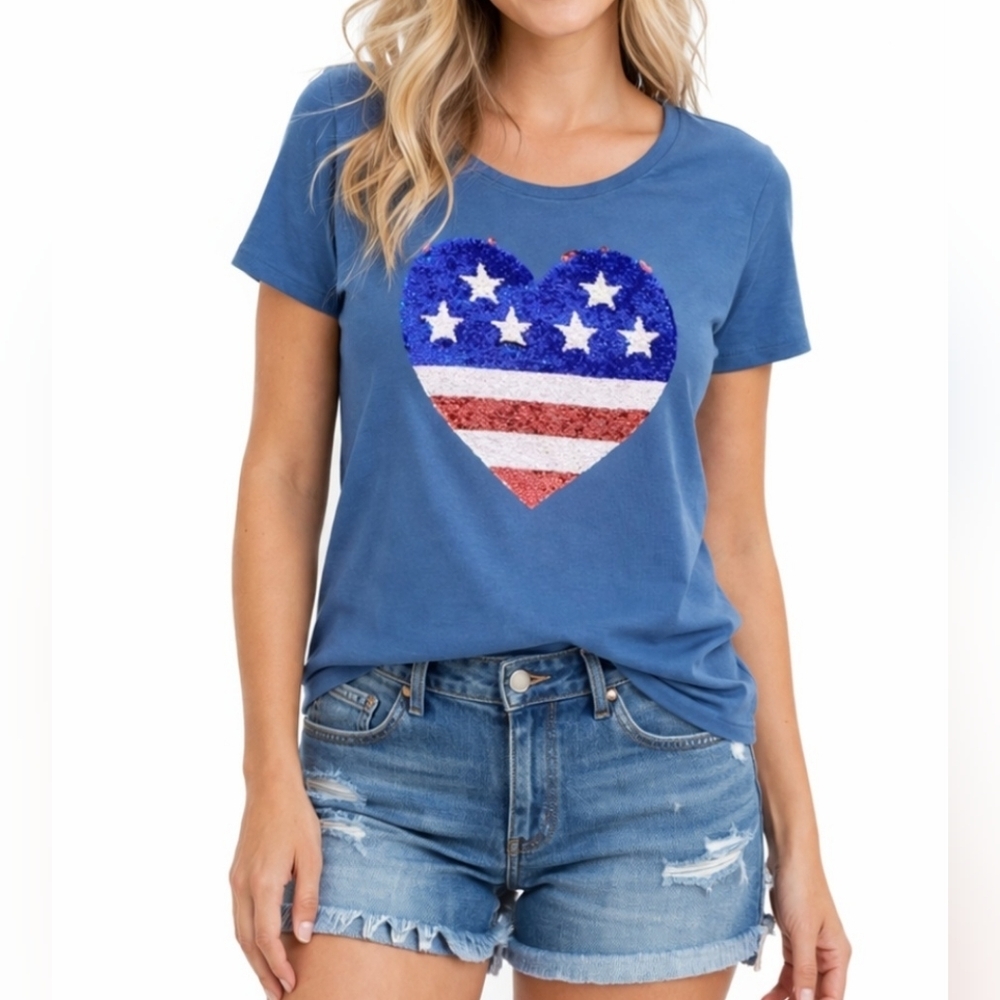 S O  4th Of July Heart Sequin Flag T-shirt Red White And Blue Size XL